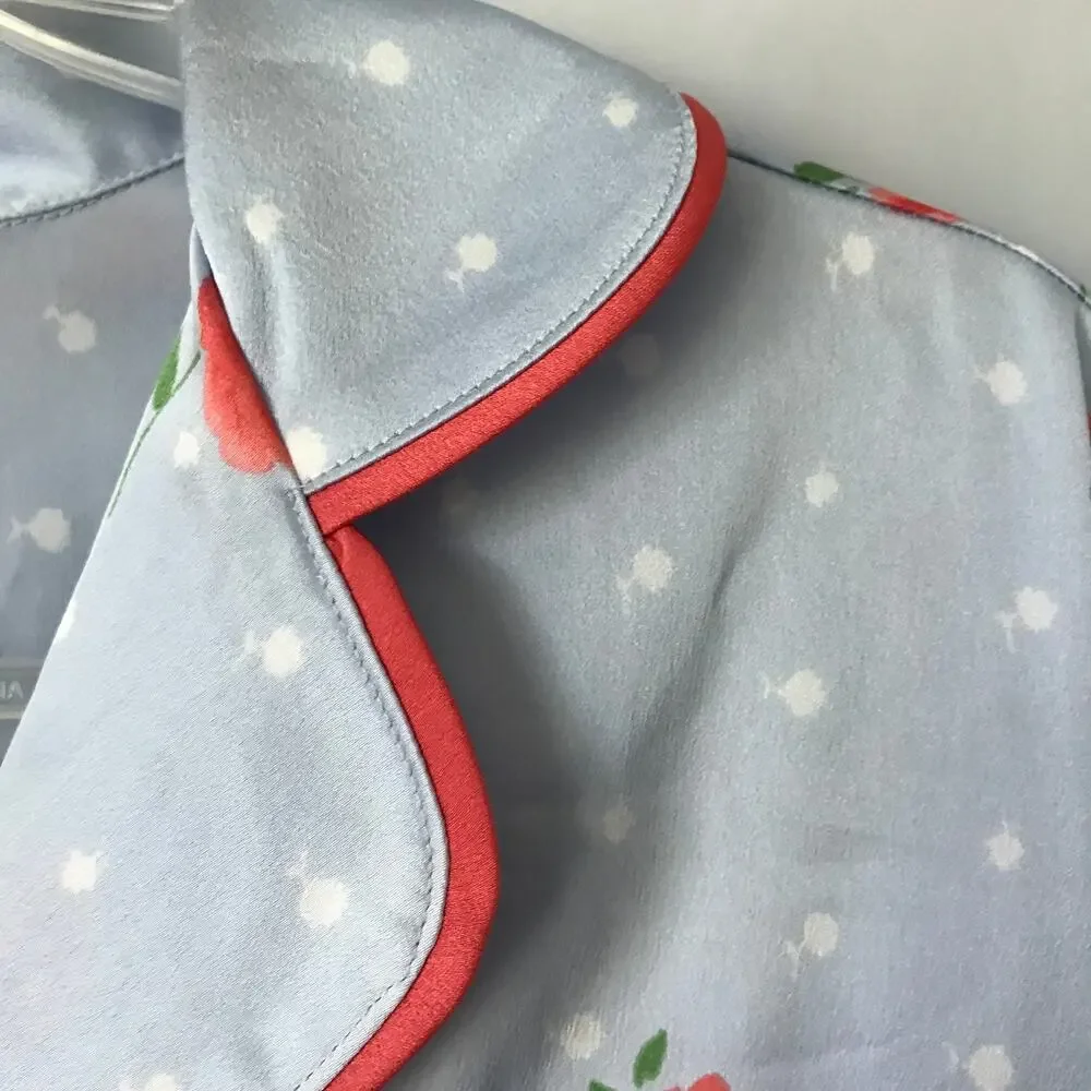 Kate Spade Pajama Set Extra Large Womens Floral Satin Long Sleeve Blue Coral XL
